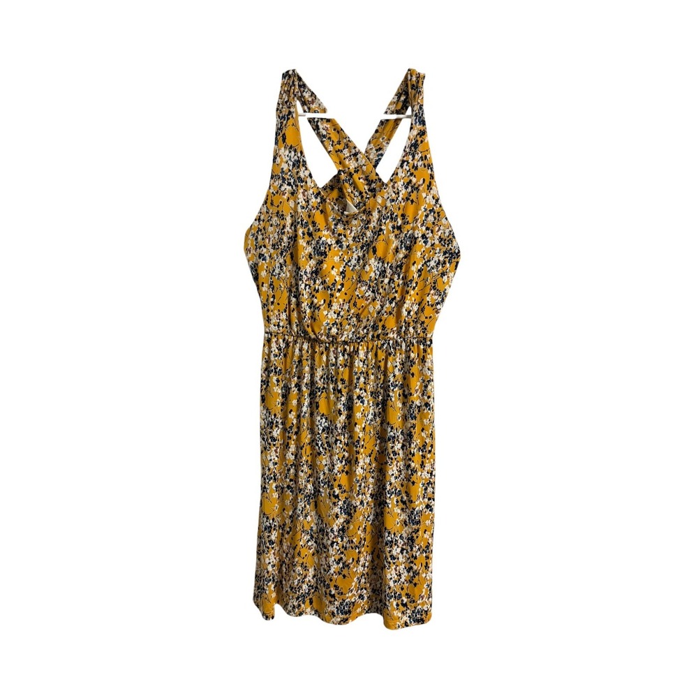 Kaileigh Dress Size XL Mustard Yellow Floral Cross Front Crisscross Back Womens